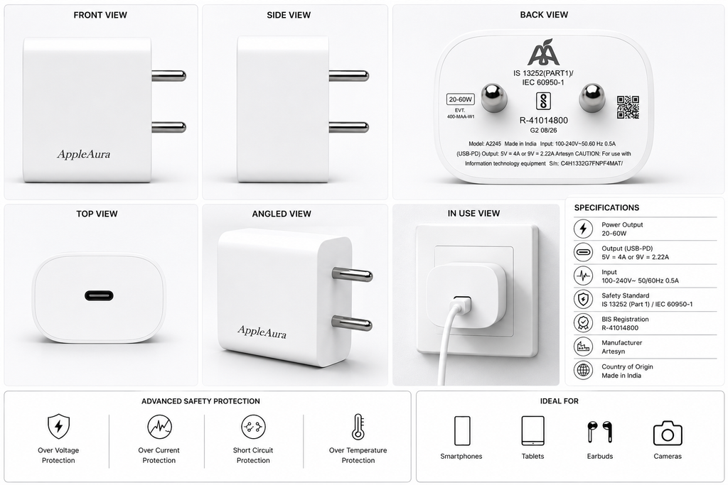 AppleAura iPhone 20W-60W USB-C Charger Adapter for iPhone, iPad, Airpod's &amp; for Android Mobiles with Fast Charging. with 1 Year Warranty