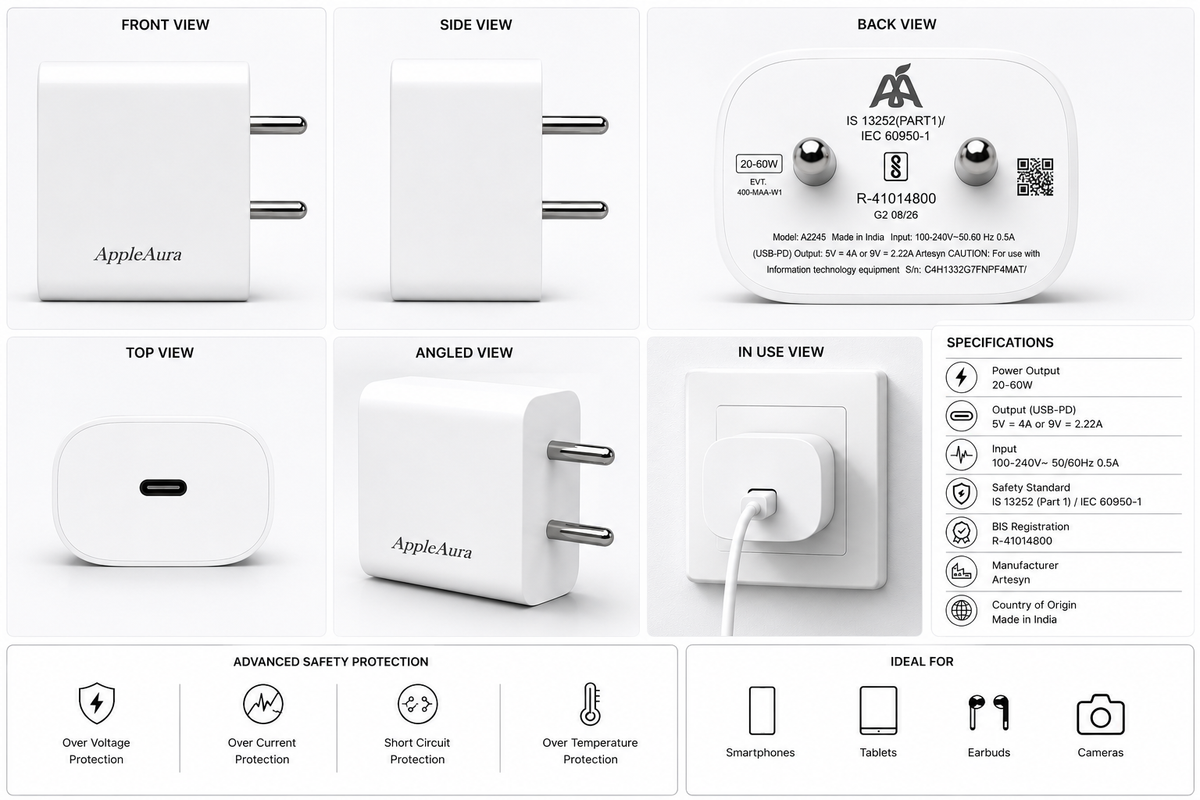 AppleAura iPhone 20W-60W USB-C Charger Adapter for iPhone, iPad, Airpod's &amp; for Android Mobiles with Fast Charging. with 1 Year Warranty