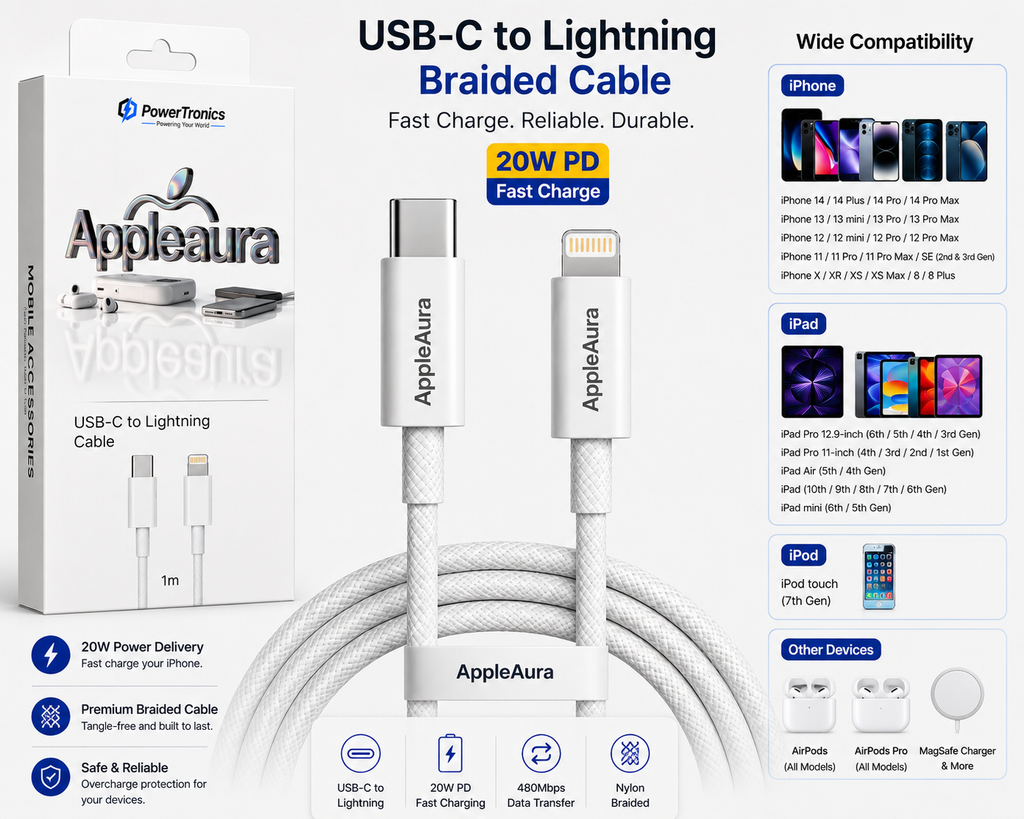 AppleAura Type C to Lightning Fast Charging Cable With High-Speed Data Transfer Compatible with iPhone 14/14 Pro/ 14 Pro Max with 1 Year Manufacturing Warranty.